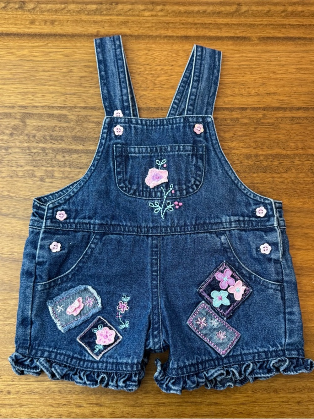 Miniwear Baby Girls Pink Floral Embroidered Jean Overall Shorts Size 0-3 Months